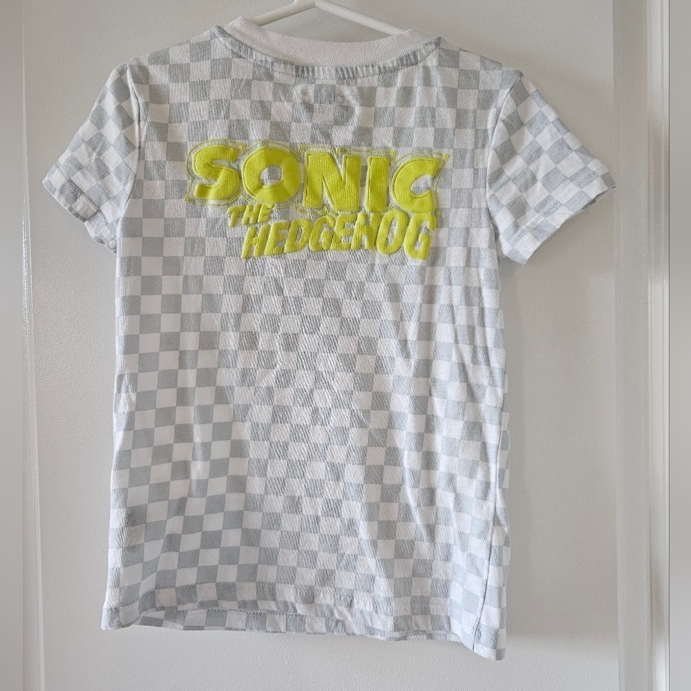 Kid's XS‎ Sonic The Hedgehog T-Shirt Gray Yellow Checkered Sega Graphic Tee
